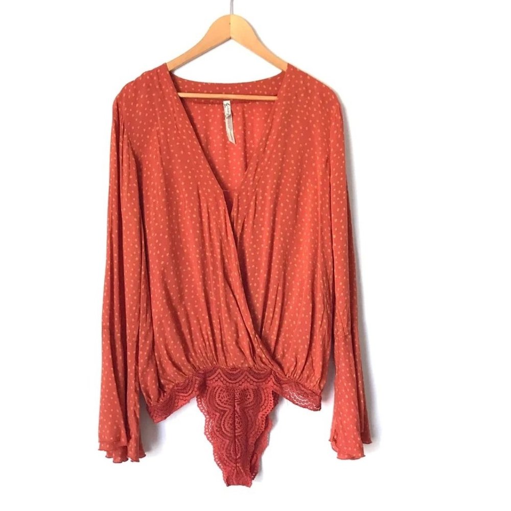 Intimately Free People Orange Polka Dot Thong Bodysuit Flow Sleeve Women's Large